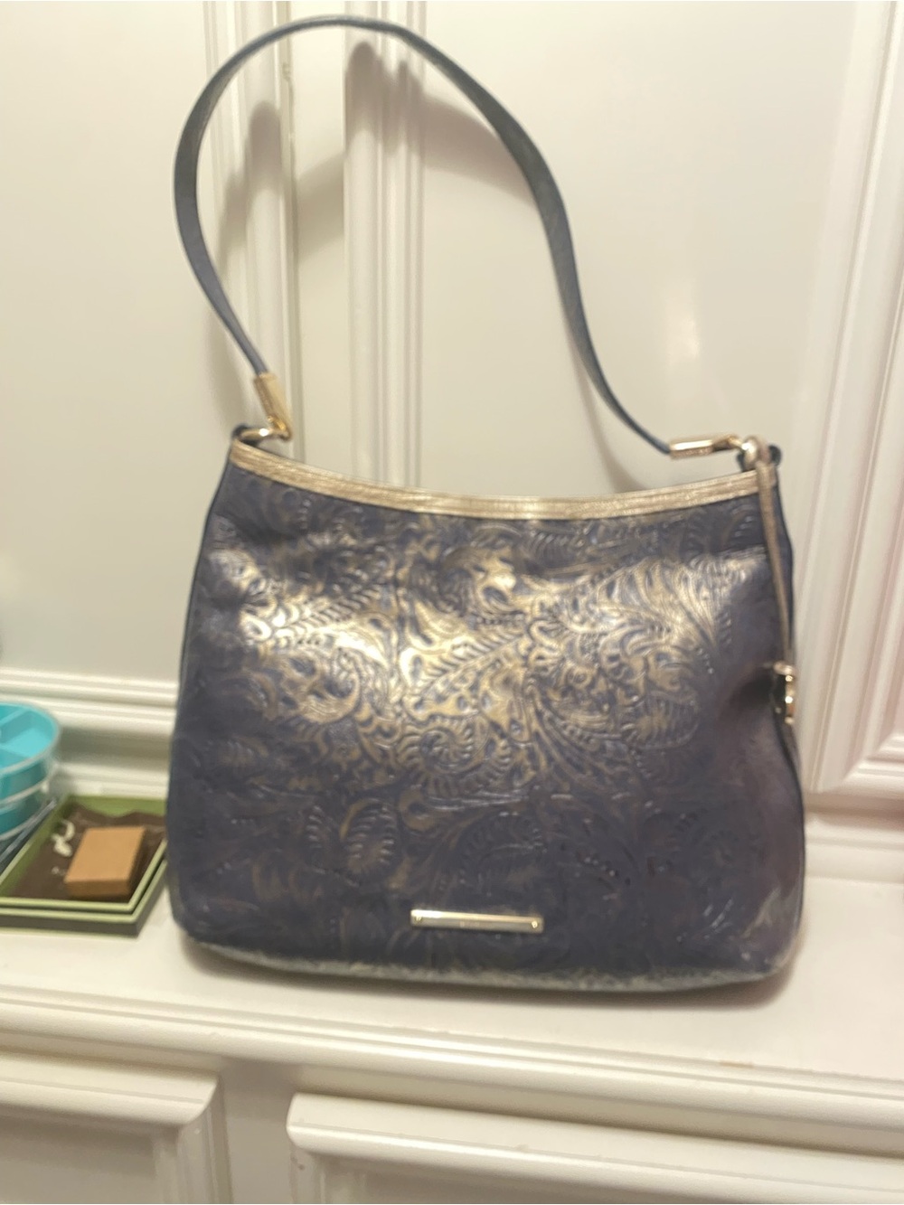 Brahmin Blue Bronze Floral Embossed bag only. Matching wallet sold separately - Picture 4 of 5